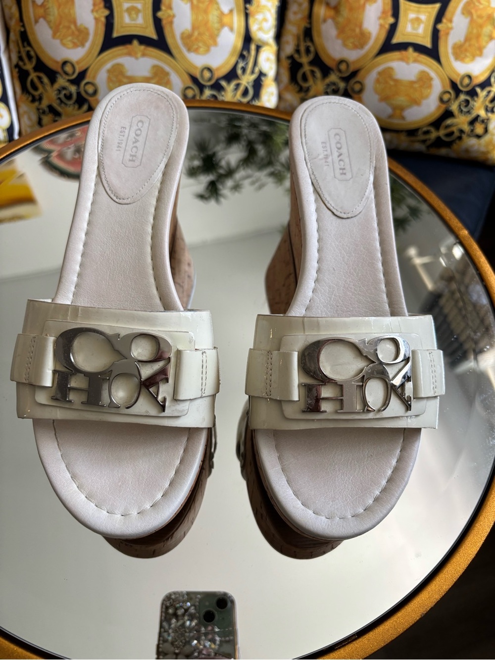 Coach White Logo Slide Mules with Silver Hardware